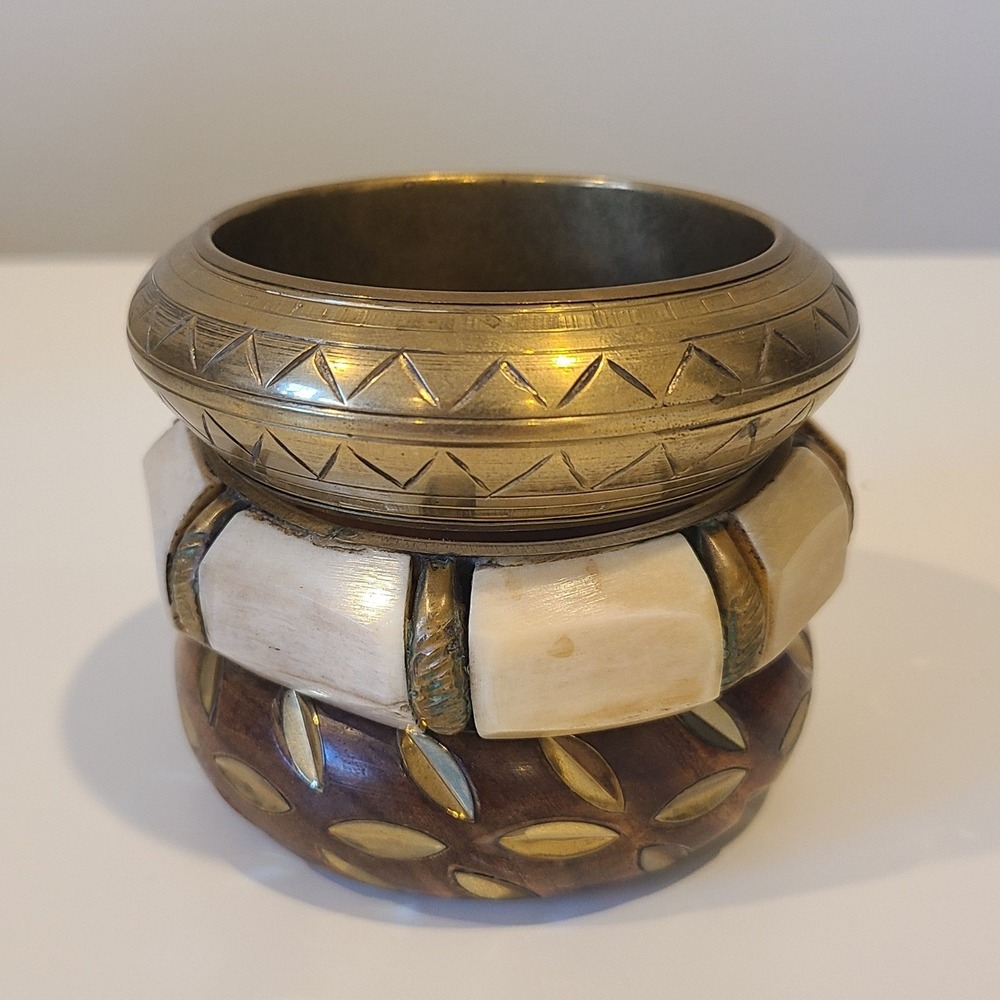 3 Chunky Boho Bangles | Brass, Wood & Mixed Media Statement Bracelets